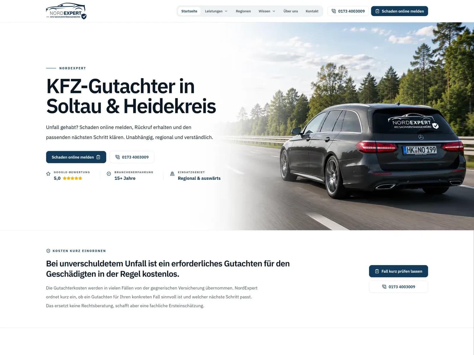 Screenshot der Website von NordExpert für Kfz-Gutachten auf nord-expert.de