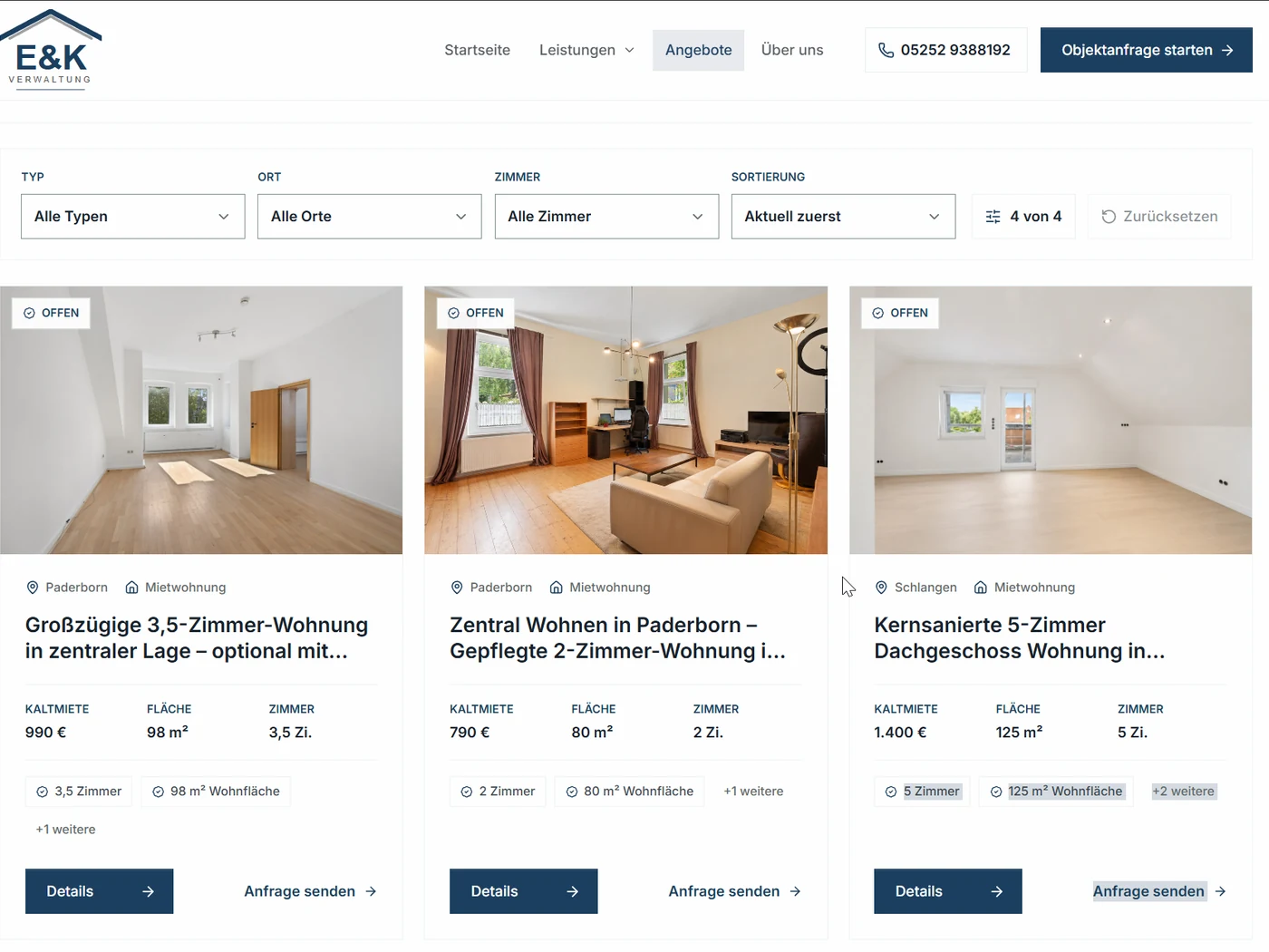 Automatisch aus onOffice übernommene Immobilienangebote auf der Website von E&K Verwaltung