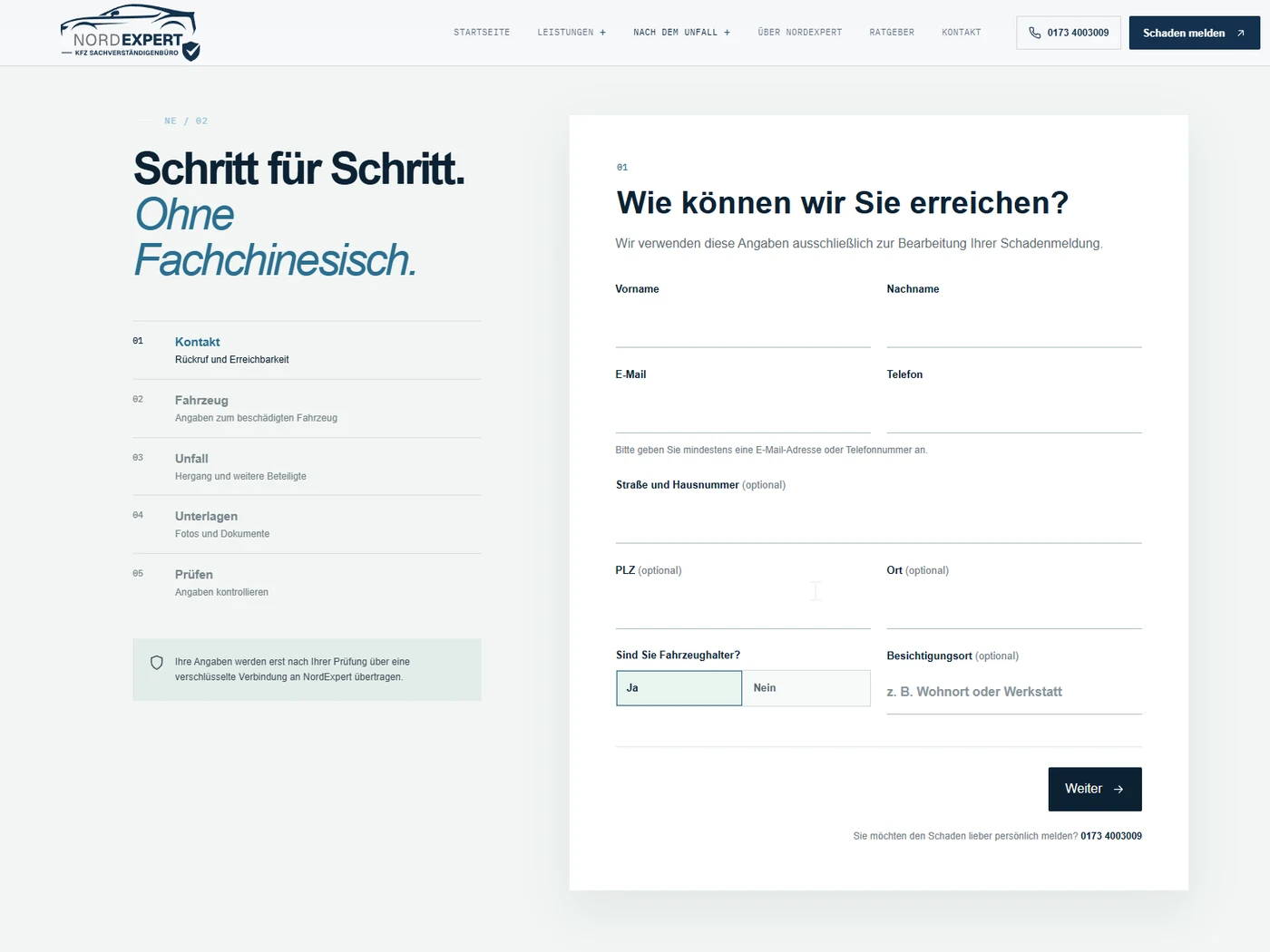 Mehrstufige digitale Schadenmeldung auf der Website von NordExpert